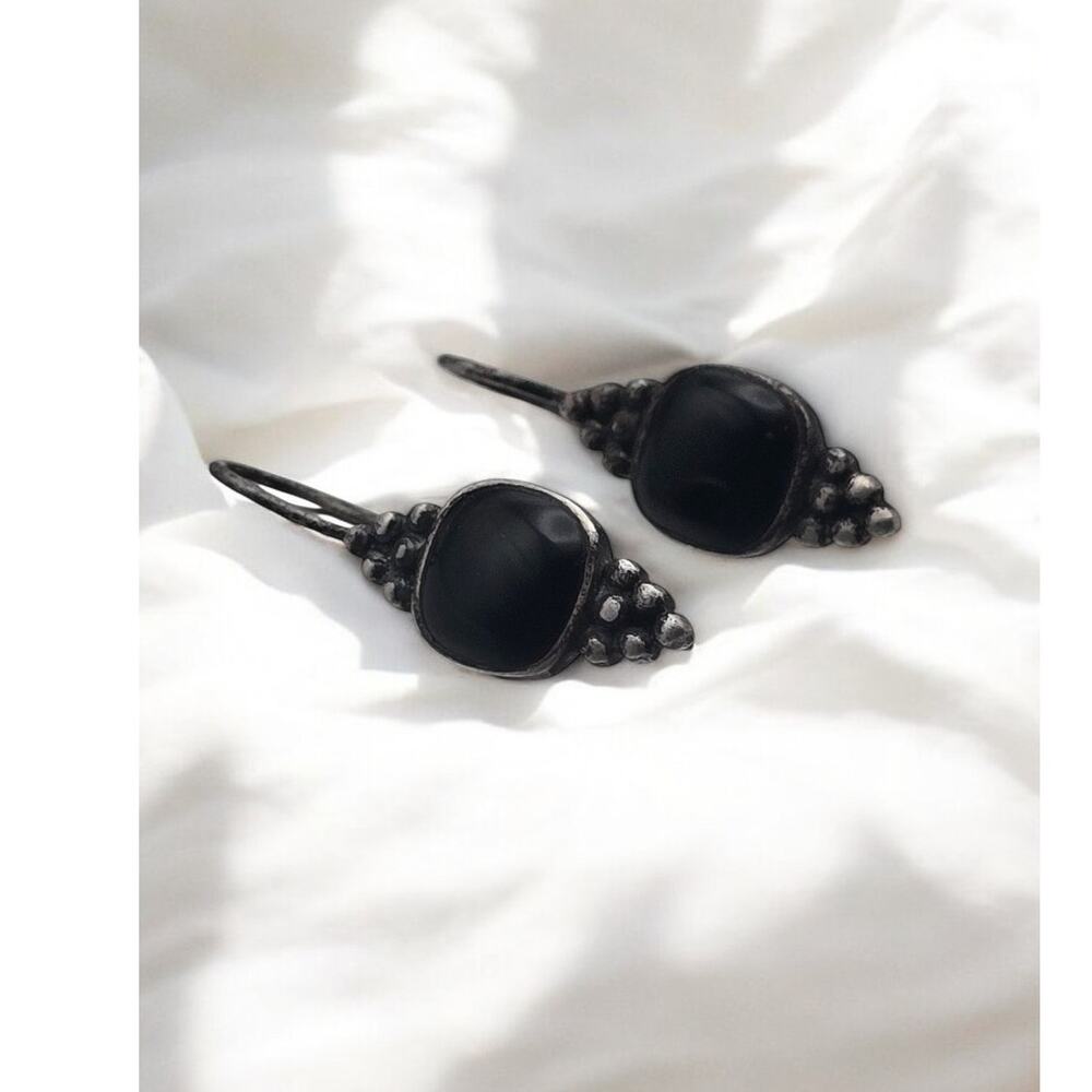 Black Onyx Stone Dangle Drop Earrings Sterling Silver 925